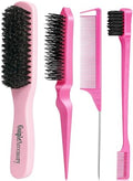 Boar Bristle Slick Back Hair Brush for Smooth Flyaways, Frizz, Sleek Ponytail, Buns and Edge Baby Hair, Teasing | Hair Comb, Edge Brush, Teasing Brush Styling Accessories for Kids, Women & Men (Pink) by Goiple