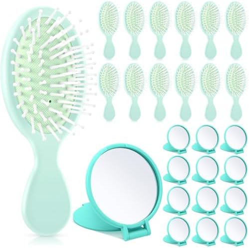 Meanplan 24 Pcs Mini Hair Brush Set Travel Wet Dry Hair Combs Pocket Detangling Compact Folding Makeup Mirrors for Spa Sleepover Birthday Bridal Shower Bachelorette Christmas Party Gift(Light Green) by Meanplan