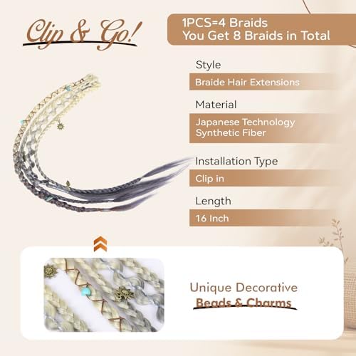 16" Clip in Braid Hair Extensions for Women (Light Blonde to Grey) - Image 2
