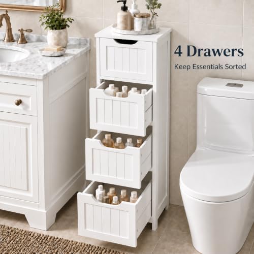 Yaheetech Bathroom Storage Cabinet, 12" W Slim 4-Drawer Design, White - Image 5