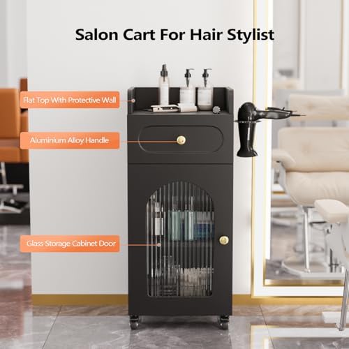 Salon Cart with Wheels & Adjustable Shelf, Black 3-Tier Rolling Beauty Trolley for Hair Stylist, Barber, Esthetician, Storage Cabinet w/Glass Door & Hair Dryer Holder, Mobile Station for Spa, Tattoo - Image 3