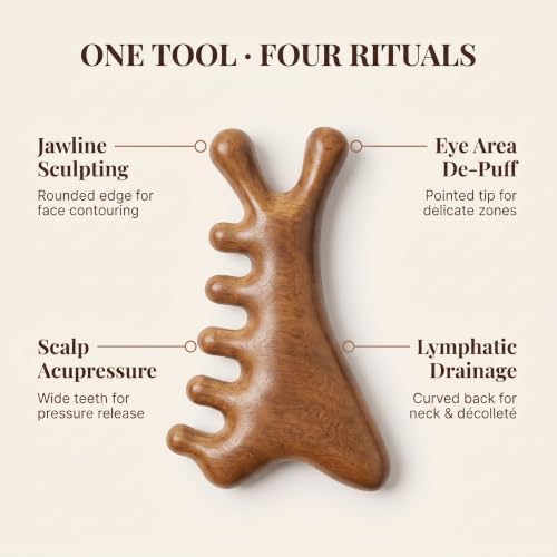 Sandalwood Gua Sha Facial Tool 4-in-1 – Real Natural Sandalwood Face Body Massager, Scalp Acupressure Relief, Jawline Lifting Lymphatic Drainage, Hand-Polished No Coating, Self-Care Gift for Women - Image 2