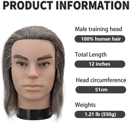 12" Male Barber Mannequin Head, 100% Real Human Hair Salt & Pepper Pale Ash Grey White Hair, Hair Cutting Styling Practice Manikin for Hairdresser Training, Free Clamp Stand Included (Black and white) - Image 3