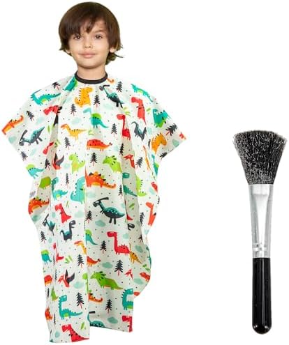 Gealaek Kids Haircut Cape and Neck Duster Brush Set with Dinosaur Pattern Kids Barber Cape 55x40 Inches for Boys & Girls Salon Cape Kit (White) by Gealaek