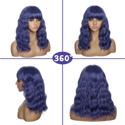Sebast Pastel Bob Wigs with Bangs for Women Loose Wavy Wig Pastel Wavy Shoulder Length Bob Synthetic Cosplay Wig for Girl Colorful Costume Wigs (Midnight Blue) - Image 5