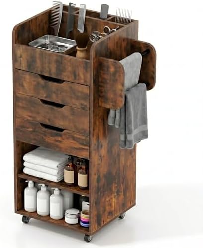 Mobile Hair Salon Storage Cart with Lockable Wheels, 3 Drawers, Divided Top Storage & Side Hanging Rack, Rolling Beauty Trolley for Hair Stylist Hairdresser (Style B) by Unknown