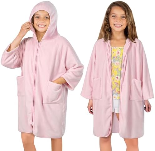 SUN CUBE Kids Hooded Towel Robe, Zip-Up Fleece Swim Cover Up, Ages 7-12 by SUNCUBE