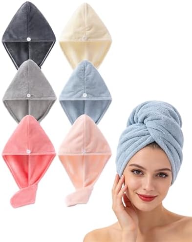 Microfiber Hair Towel Wrap with Button for Women 6 Pack 25x65cm (6 Colors) by Lumimi