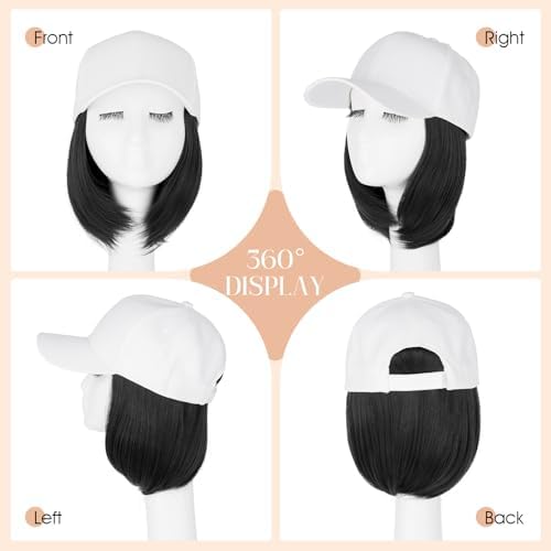 Rich Choices Hat Wigs for Women,White Baseball Cap with Hair Extensions for Women,Short Bob Hairstyle Caps with Straight Synthetic Hairs Attached Adjustable Baseball Cap Wig 6 Inch-Black Hair - Image 5