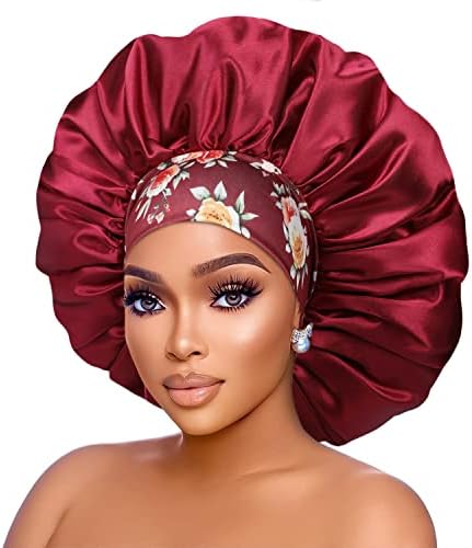 Silk Satin Bonnet Hair Cap: 2pcs 17inch Diameter Extra Large Jumbo Sleeping Satin Bonnets with Comfortable Flower Band - High Density Bonnets for Women Braids Curly Night Cap (Black & Red) - Image 3