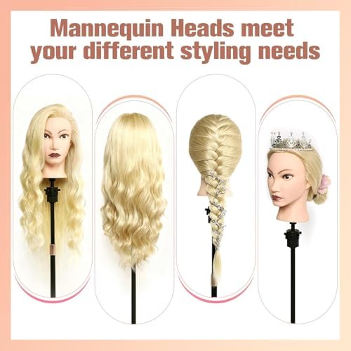 80% Mannequin Head Human Hair,26"Real Hair Cosmetology Mannequin Manikin Head Hair Styling Hairdressing Practice Training Doll Head with Clamp Holder and Tools(Blonde Hair Brown Eyes) - Image 2