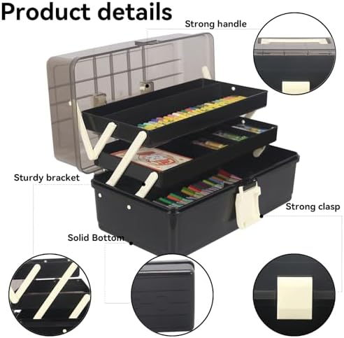 WEWLINE 13-Inch Art Storage Box 3-Layers Plastic Storage Box with Handle Craft Art Bin Portable for Home School Office Travel, Black - Image 4