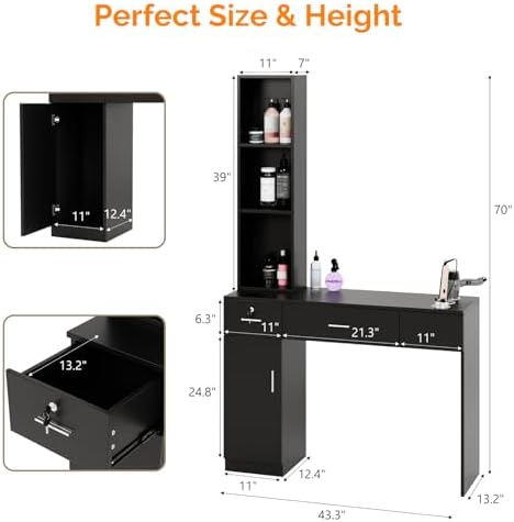 OmySalon Salon Stations for Hair Stylist, Locking Barber Station Organizer, Wall Mount Hair Styling Equipment with 2 Drawers, 1 Storage Cabinet, 3 Open Shelves, for Beauty Spa Hairdresser, Black - Image 6