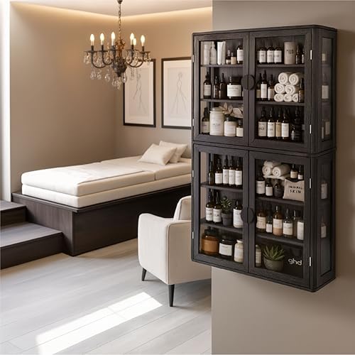 FIMELLO 28’’W Wall Cabinet with Tempered Glass Doors, Bathroom Cabinet Wall Mount, Kitchen Wall Cabinet, Floating Cabinet for Bathroom, Wall Mount Salon Station for Barber, Beauty, Black - Image 6