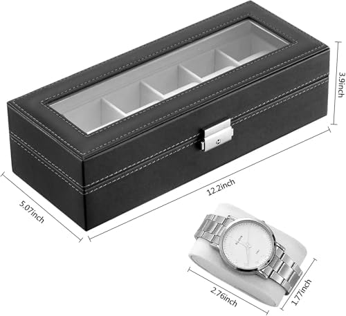 Watch Box for Men,Organizer 6 Slot Watch Display Case,Men Jewelry Box Storage Case,Lined with Soft Velvet and Holder Organizer for Women -6 Slot, Black - Image 2