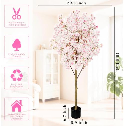 Artificial Cherry Blossom Tree, 6FT Tall Faux Pink Flower Tree with Black Pot, Realistic Silk Blossom Plant for Home Living Room Office Patio Decor, Indoor Outdoor Fake Floral Tree for Wedding Party - Image 2