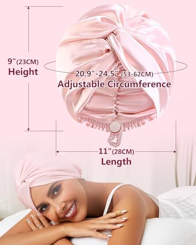 HFRHTGY Adjustable Silk Satin Hair Bonnet for Sleeping, Double Layer Hair Wrap Sleep Cap Turban for Women Men, Curly Straight Braid Unisex (Royal Pink) - Image 4