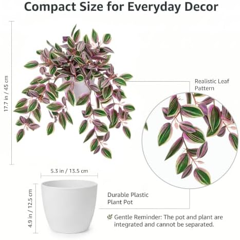 Briful Artificial Potted Plant Indoor, 17.7" Faux Trailing Plant in White Plastic Pot Blush Green Variegated Fake Cascading Plant for Bedroom Shelf Vanity Bathroom Office Desk Home Decor - Image 2