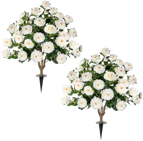 2 Pack 3FT Artificial Camellia Tree with Ground Spike, Full Bloom Fake Camellia Plant Outdoor, Dense Flower Artificial Trees for Front Porch Decor, Patio Garden Yard Decorations, White by UFEH