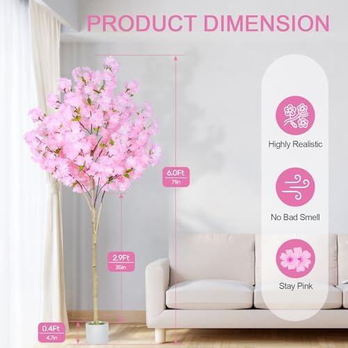 6FT Artificial Cherry Blossom Tree,Tall Fake Flower Tree with Realistic Pink Sakura in Nursery Pot,Blooming Fake Plants for Living Room,Bedroom,Office,Indoor/Outdoor Decor - Image 2