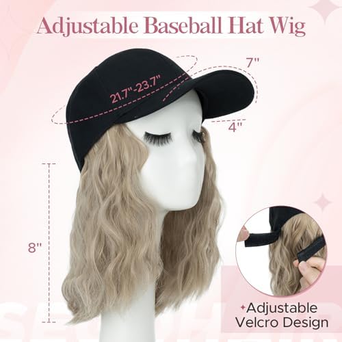 SEGO Baseball Cap with Hair Extensions for Women Heat Resistant Synthetic 8" Adjustable Long Curly Hairpiece Replacement Wigs in Black Hat for Girls 16P613 Ash Blonde Mix Bleach Blonde - Image 3