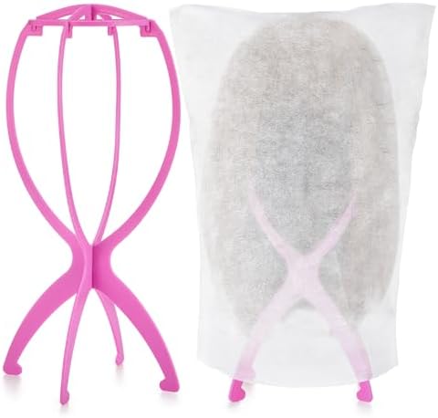 ProSuites Wig Set, Pink Travel Wig Stand with 2 Pcs Wig Dust Bags, Wig Holder Hat Display with Wig Bag for Women Multiple Wigs - Wig Party Kit for Salon Home Use by ProSuites