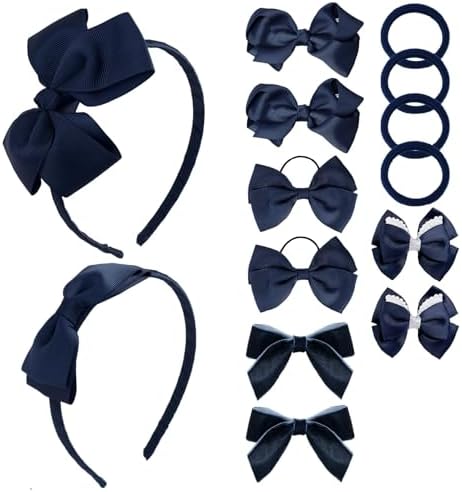 phnydreg Girl Navy Hair Bow Accessories 14 Pieces Uniform Hair Bows Hair Clips Headband for School Toddler Girls by phnydreg