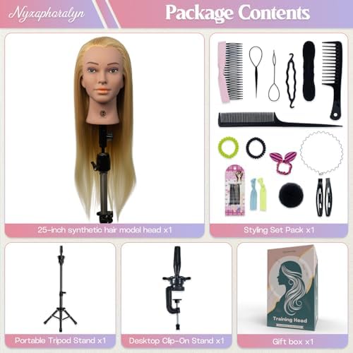 Mannequin Head 24-25inch, Synthetic Fiber Hair Mannequin Head, Beauty And Hairdressing Model Practice Head, with Clip-on Stand Set (Gold) - Image 2