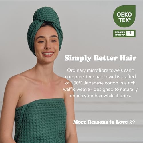 Luxury Organic Japanese Cotton Hair Drying Waffle Towel Wrap for Women | Absorbent, Quick-Dry Head Turban for Shower, Sauna, Spa | Extra Large for Long, Curly, Straight Hair With Button (Green, 1 Pc) - Image 4