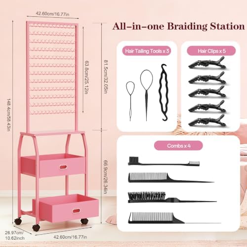 Portable Braiding Hair Rack with Wheels & Storage Drawers,2-Sided 288 Pegs,Hair Extension Holder Hanger for Braiding Hair Separator Stand Display,Hair Rack with Stylist Hair braiding Tools（Pink） - Image 2