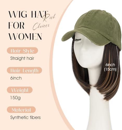 Rich Choices Hat Wigs for Women,Olive Green Baseball Cap with Hair Extensions for Women,Short Bob Hairstyle Caps with Hair Attached Adjustable Baseball Cap Wig 6 Inch Highlighted Dark Brown Hair - Image 2