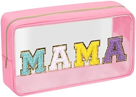 Iqimott Clear Patch Makeup Bag Mama Pouch, Preppy Personalized Chenille Letter Cosmetic Pouch for Travel, Nylon Waterproof Travel Essentials Zipper Toiletry Bags for Women Girls(MAMA, Pink) by Iqimott