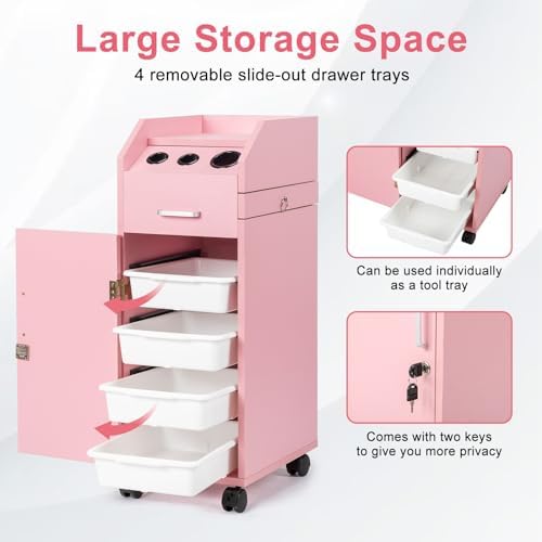 Winado Salon Trolley Cart with 4 Trays, 3 Hair Dryer Holders, Pink - Image 4