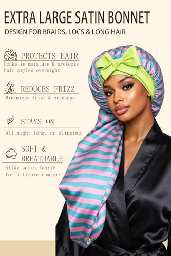 Extra Large Satin Bonnet for Braids Locs & Long Hair No Slip Tie Band Stays On All Night Sleep Cap Won’t Flatten Hair - Image 2