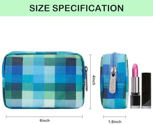 E-Tree Cute Small Makeup Bag,Cosmetic Toiletry Make up Little Items Pouch for Purse,Zipper Mini Tech Charger Cable Electronic Organizer Case,Travel Accessories for Women Men Teen,Blue Checkered - Image 5