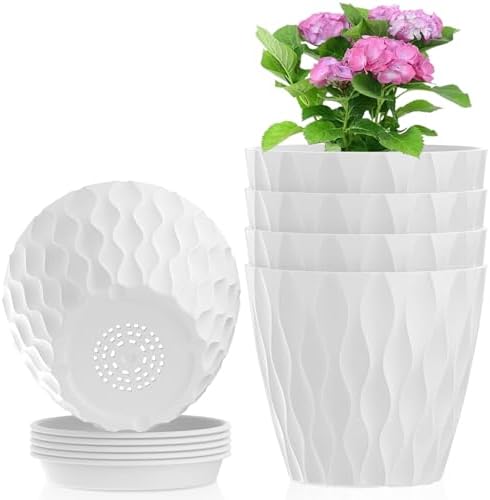 Meowell 6 inch Flower Pots, 5 Pack Plant Pots for Indoor Outdoor Plants, Water Ripples Plastic Planters with Drainage Holes and Saucers, Nursery Pots for Small Succulent Garden House Plants, White by Meowell