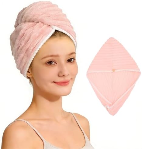 Microfiber Hair Towel Wrap for Women, Soft Lightweight Quick Dry Turban, Drying Hair Towels for Women, Hair Drying Towel with Button for Curly & Long Hair - Pink (Note: This model is ultra-slim.) by Unknown