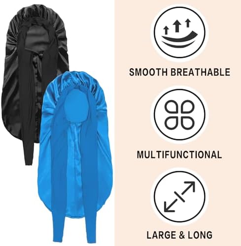 2Pcs Bonnets for Black Women Braid Bonnet, Large Long Satin Bonnet for Braids, Silk Bonnet with Stretchy Tie Band Sleep Cap Hair (2Pcs-Black&Blue) - Image 3