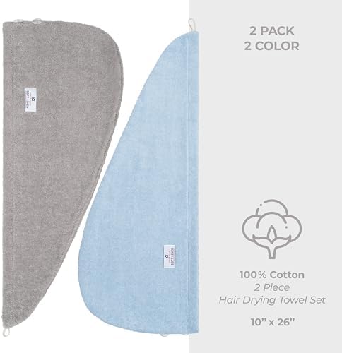 American Soft Linen 100% Cotton Hair Towels for Women, Head Towel Cap, Cotton Hair Turban Towel Wrap, Soft and Absorbent 2 Pack, Light Gray-Sky Blue - Image 5