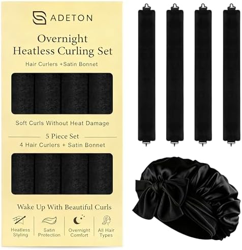 Heatless Curls Overnight, Velvet Heatless Hair Curler Set with Hook Closure – 4 Soft Hair Rollers Blowout Rods + Satin Hair Bonnet for Sleeping, Flexi Rods for Long Hair Women (C - BLACK) by ADETON