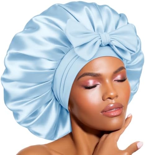 BONNET QUEEN XL Large Silk Like Bonnet for Sleeping for Curly Hair,Satin Bonnet with Adjustable Tie Band, Light Blue by BonnetQueen