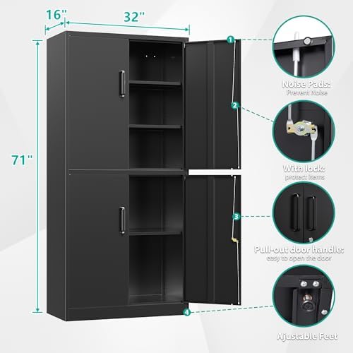 Metal Storage Cabinet with 3 Adjustable Shelves and 4 Doors,71" Garage Storage Cabinet with Lock,Black Metal Cabinets with Locking Doors,Steel Tool Cabinets,Lockable Cupboard for Home,Office,Garage - Image 3