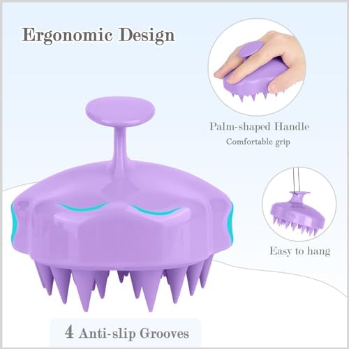 FREATECH Hair Scalp Massager Shampoo Brush with Soft Silicone Bristles for Scalp Care and Hair Growth, Shower Head Scalp Scrubber Exfoliator for Dandruff, Wet & Dry for Men, Women and Kids, Purple - Image 2