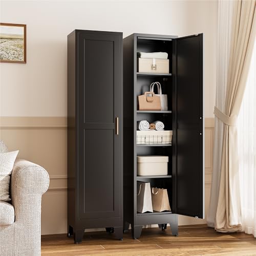 YAUWOH White Narrow Metal Storage Cabinet, Tall Freestanding Cabinet with 4 Adjustable Shelves & Barn Doors, Pantry Organizer for Bathroom Kitchen Home Office Dining Room（1PC,Black） - Image 5