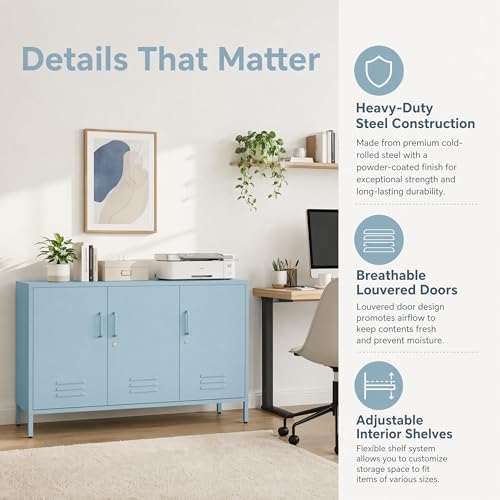 Blue Metal Storage Cabinet with Lock, 47.5" Wide Ventilated Door Locker, 2 Adjustable Shelves, Heavy Duty Home Accent Cabinet for Living Room Kitchen Office Study - Image 3