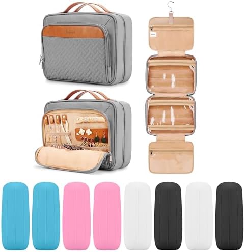 COOSKY Travel Hanging Toiletry Bag for Women, Large Makeup Bag 8 Leak Proofing Silicone Bottle Covers, Waterproof Cosmetic Bag with Jewelry Organizer Compartment, Toiletries Kit Set, Grey by COOSKY