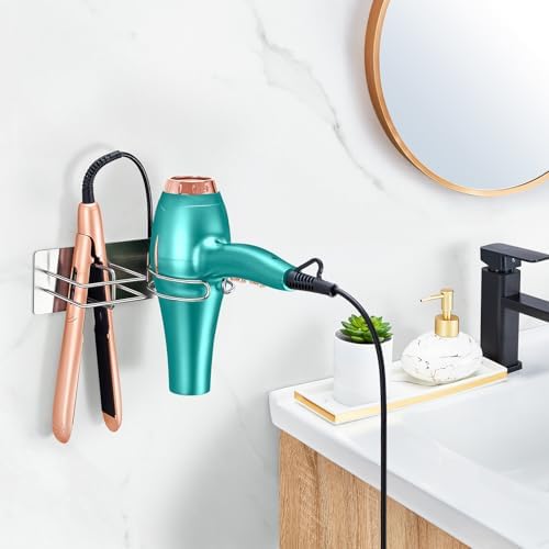 Hair Dryer and Straightener Holder Wall Mounted, Self Adhesive Blow Dryer and Flat Iron Storage Hair Tool Organizer for Bathroom Vanity (Silver) - Image 2