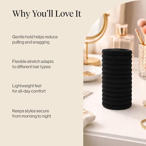 Kitsch Elastic Hair Ties No Damage | Stretchable Hair Bands - Black, 12pcs - Image 3