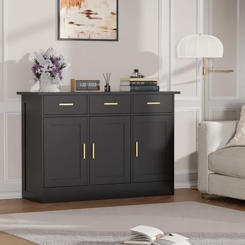 Buffet Cabinet with Storage - Buffets & Sideboards Kitchen Storage Cabinet, Wood Console Table Coffee Bar Accent Cabinets for Living Room Dining Room Entryway Large 3 Doors & Drawers, Black 47.2"W - Image 5