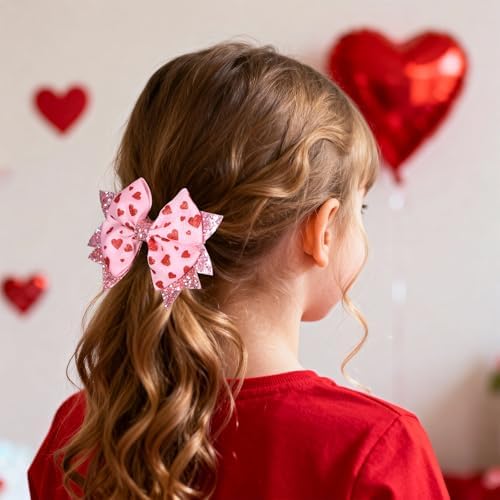 Glitter Pink Valentines Hair Bows for Girls 2pcs 3.5" Red Heart Ribbon Dressy Bow Alligator Clips for Women Wedding Party outfit Decor Accessory Her Birthday Favor Gift - Image 4